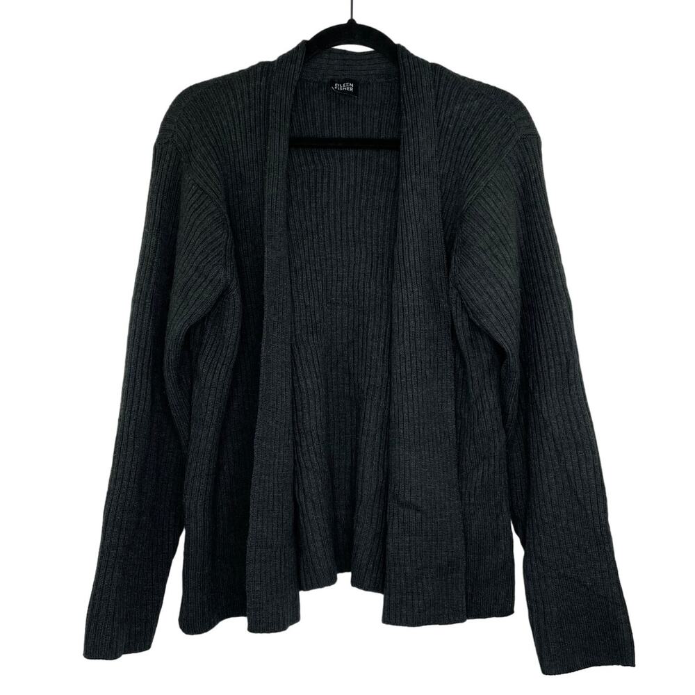 Eileen Fisher gray ribbed knit open cardigan 100% Merino Wool